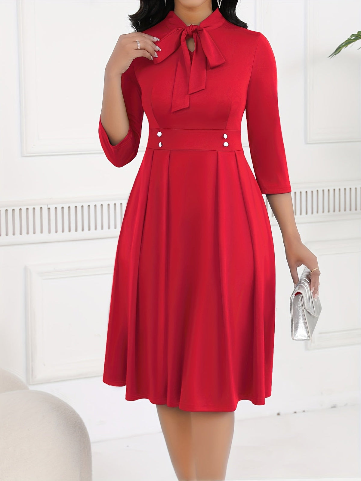 Olivia tie-waist midi dress in red, full-length front view