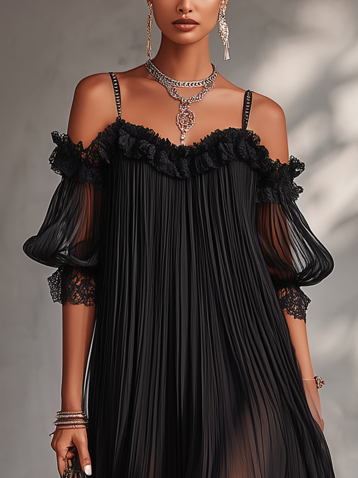 Close-up of lace ruffle neckline on the Camille black mini dress