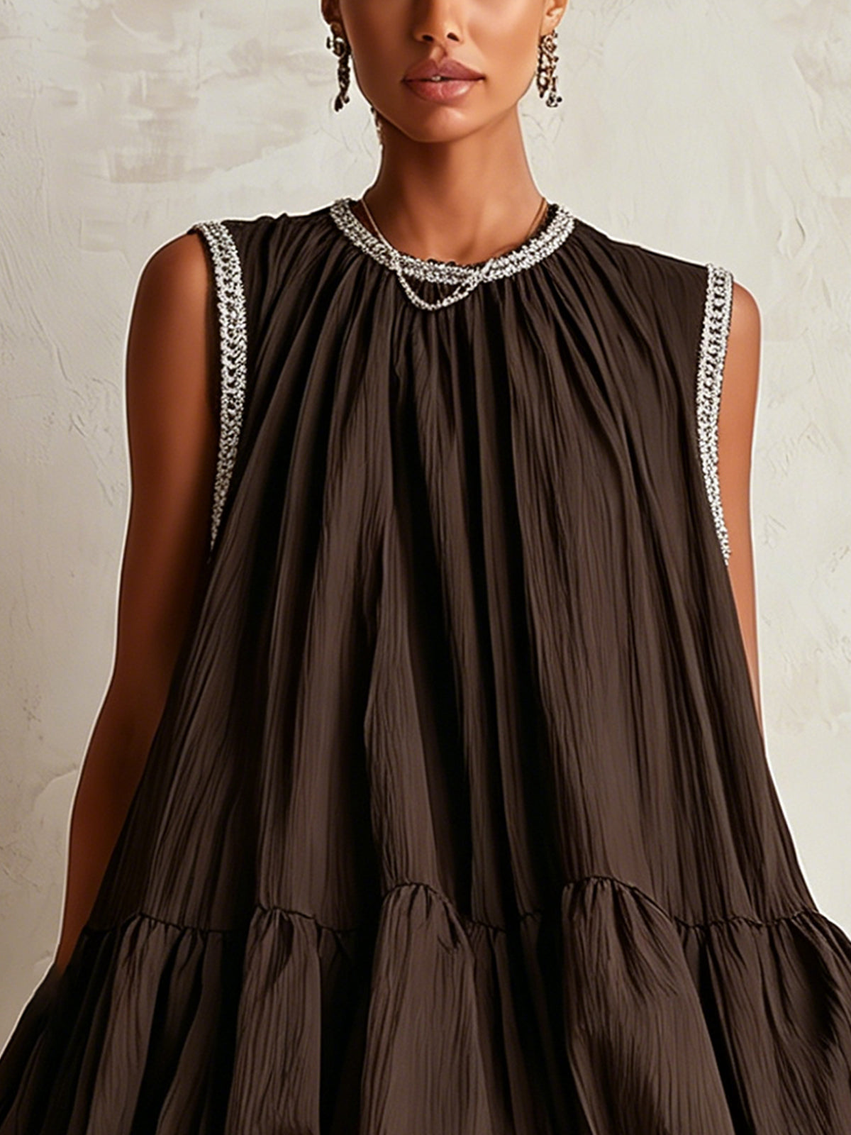 Close-up of Colette dress beaded neckline and gathered bodice