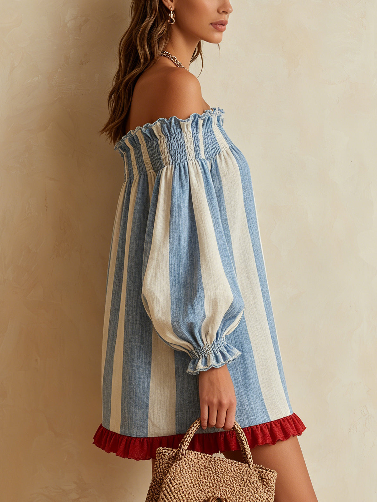 Ondine striped off-shoulder mini dress in blue and white, side view