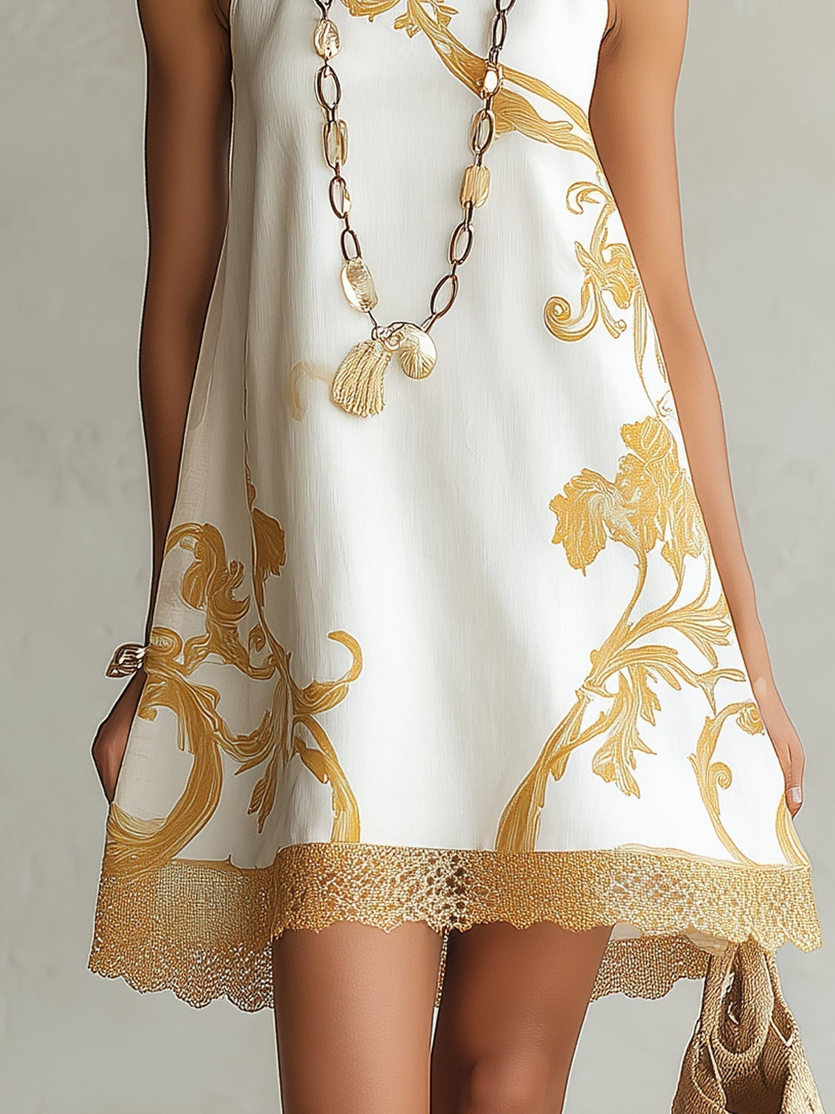 Héloïse mini dress detail of scalloped gold lace hem