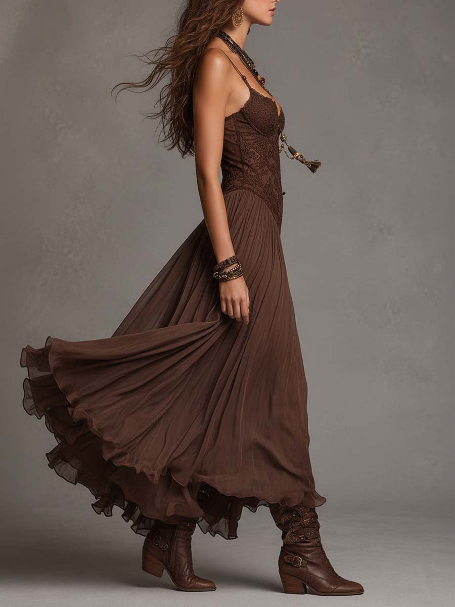 Federica brown maxi dress, side view showing flowing skirt