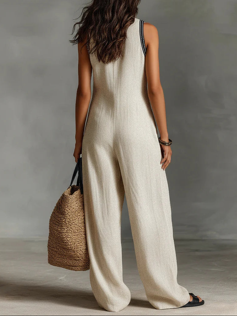 Lila wide-leg jumpsuit in beige, full-length back view