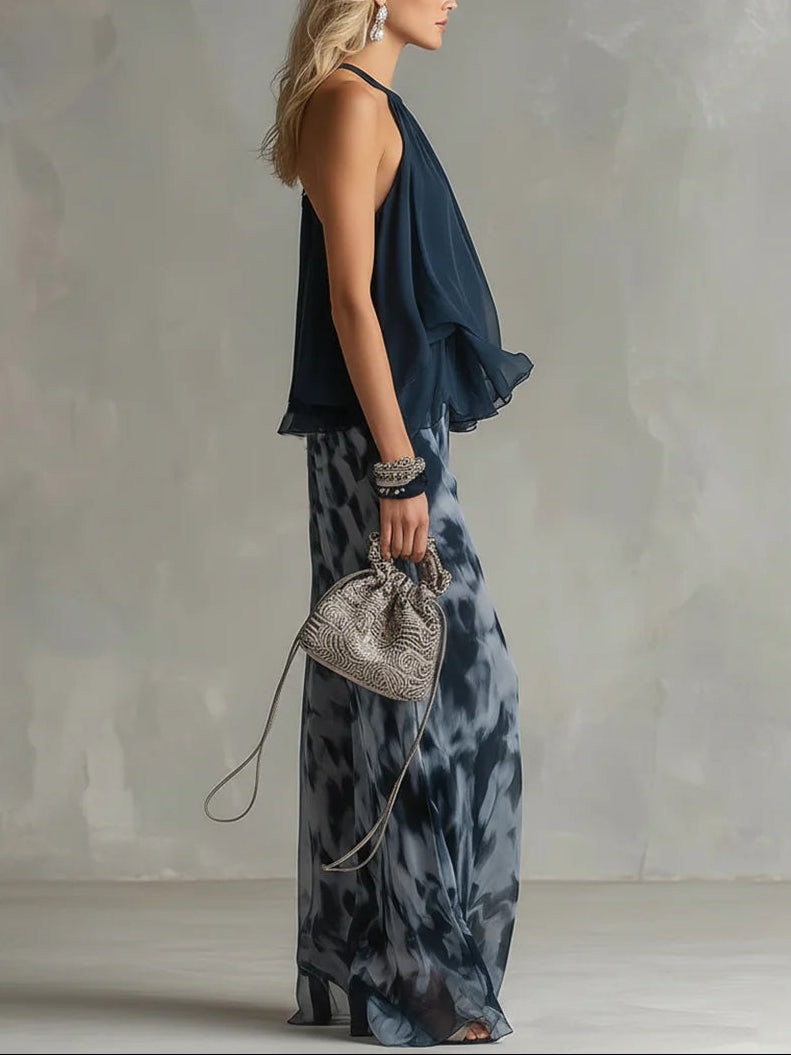 Sofia navy chiffon set, side view with wide-leg printed trousers