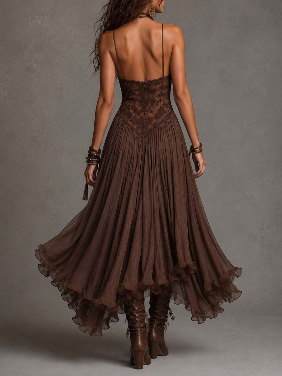 Federica brown maxi dress, open-back view with ruffled hem