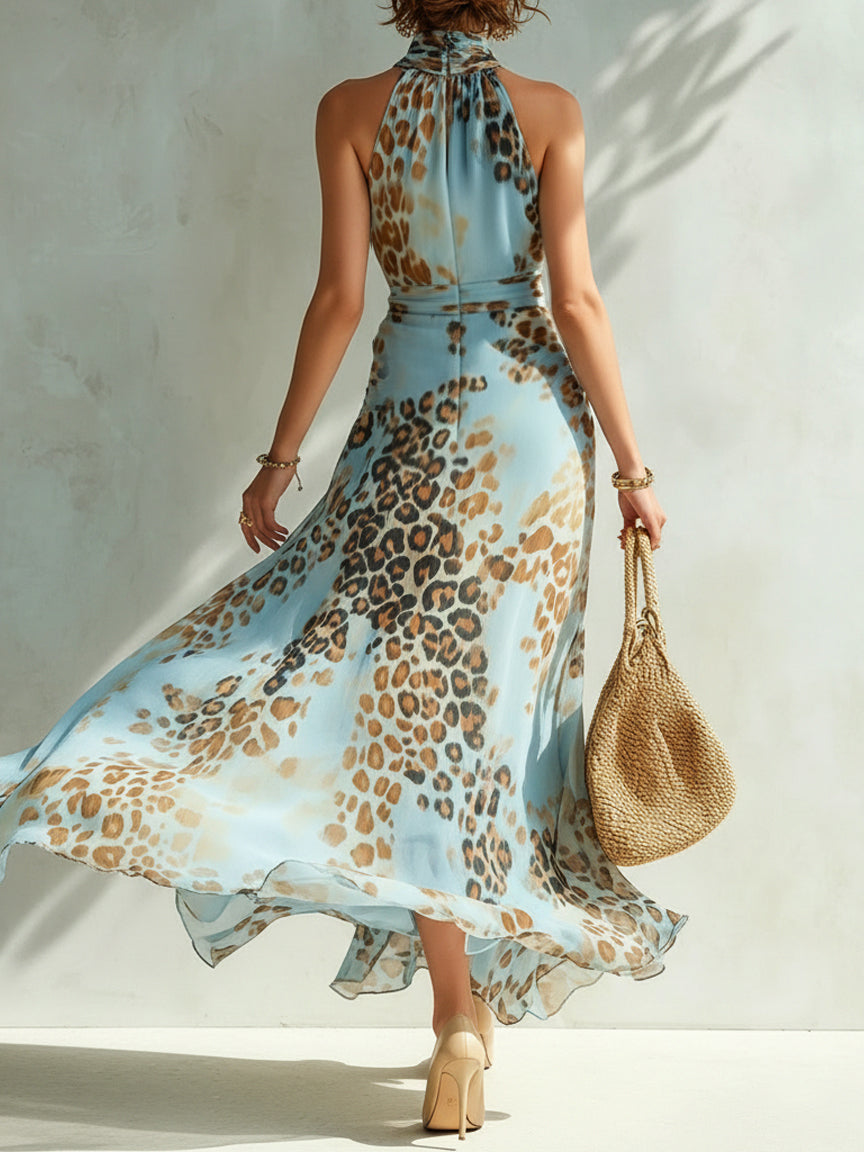 Daniela animal print maxi dress in blue, open back view