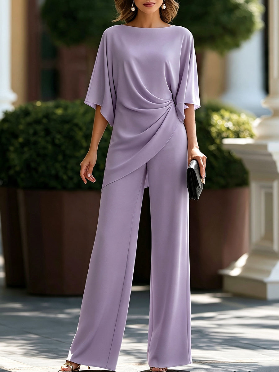 Gabriella draped two-piece set in lavender, full-length front view