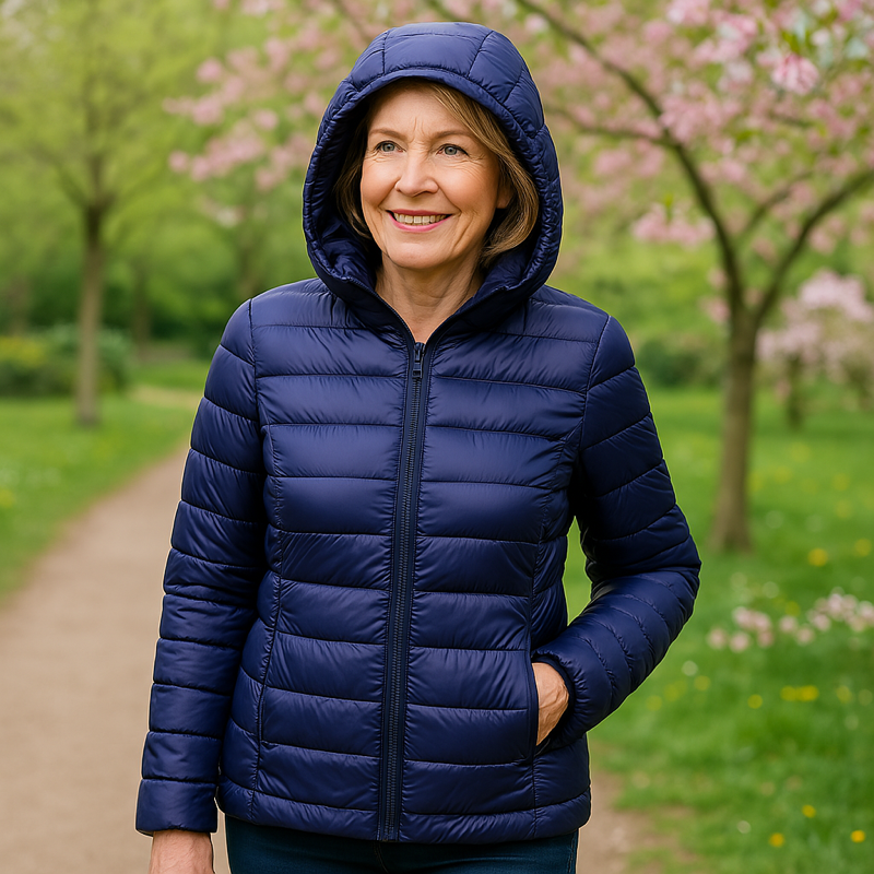 Metta padded jacket in navy blue, hood up, front view on model