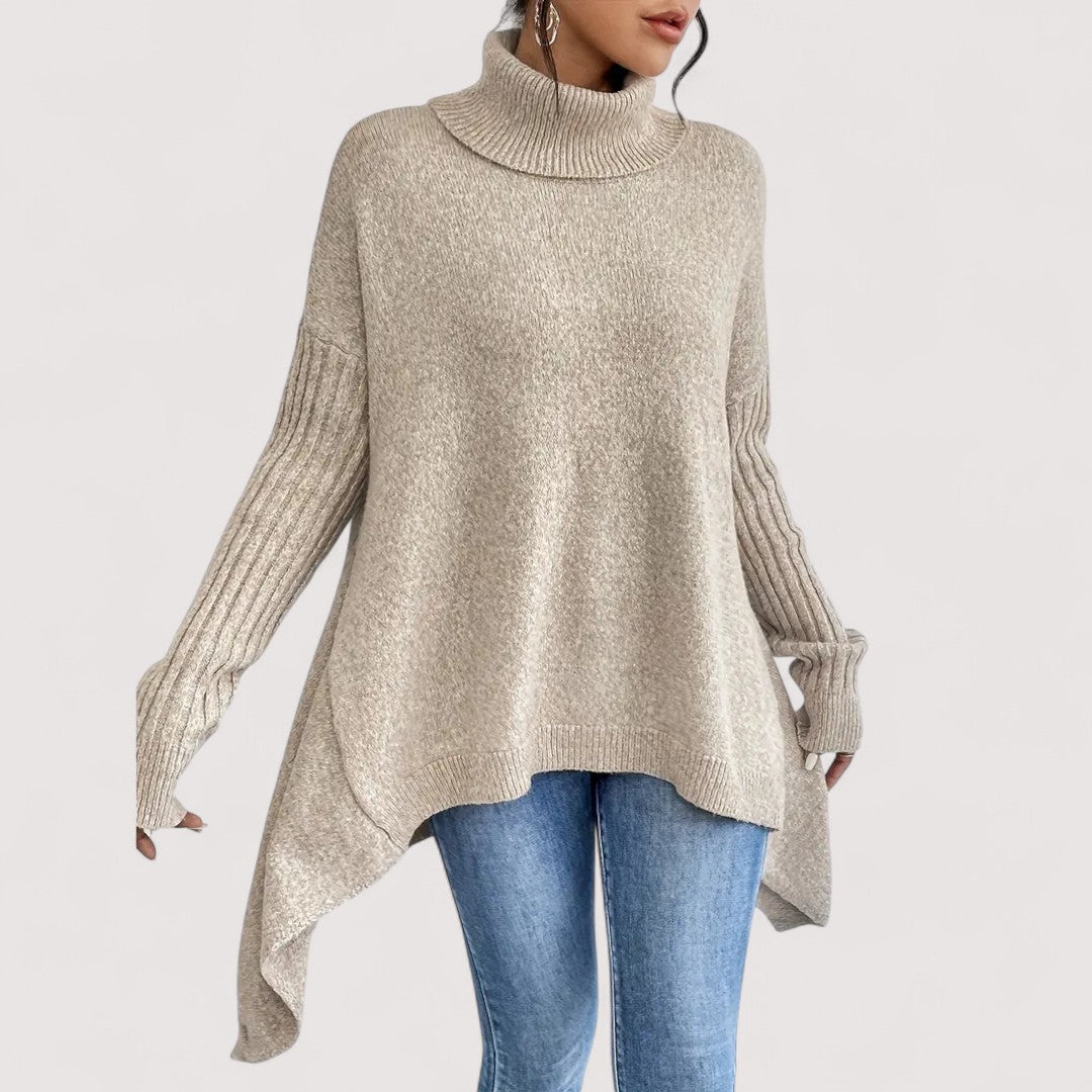 Fenella long turtleneck sweater in desert khaki, front view