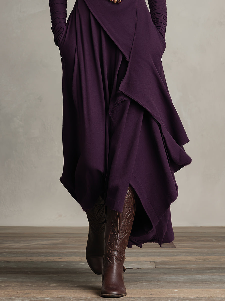 Natalia knit maxi dress in purple, close-up of asymmetrical draped hem