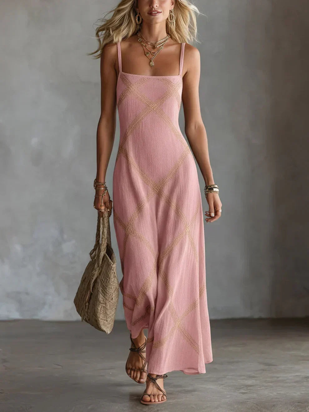 Melisa geometric maxi dress in pink, full-length front view