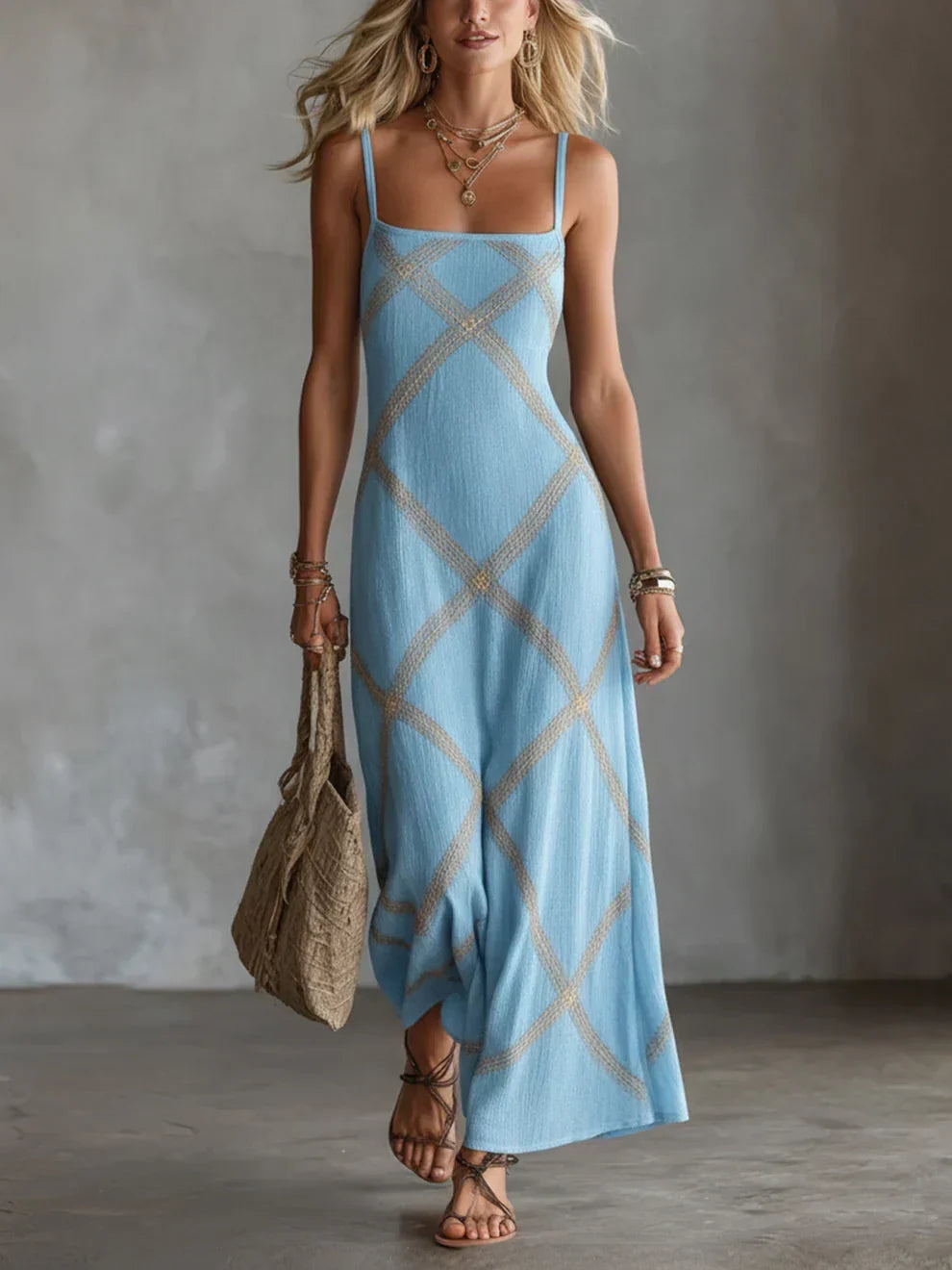 Melisa geometric maxi dress in light blue, full-length front view