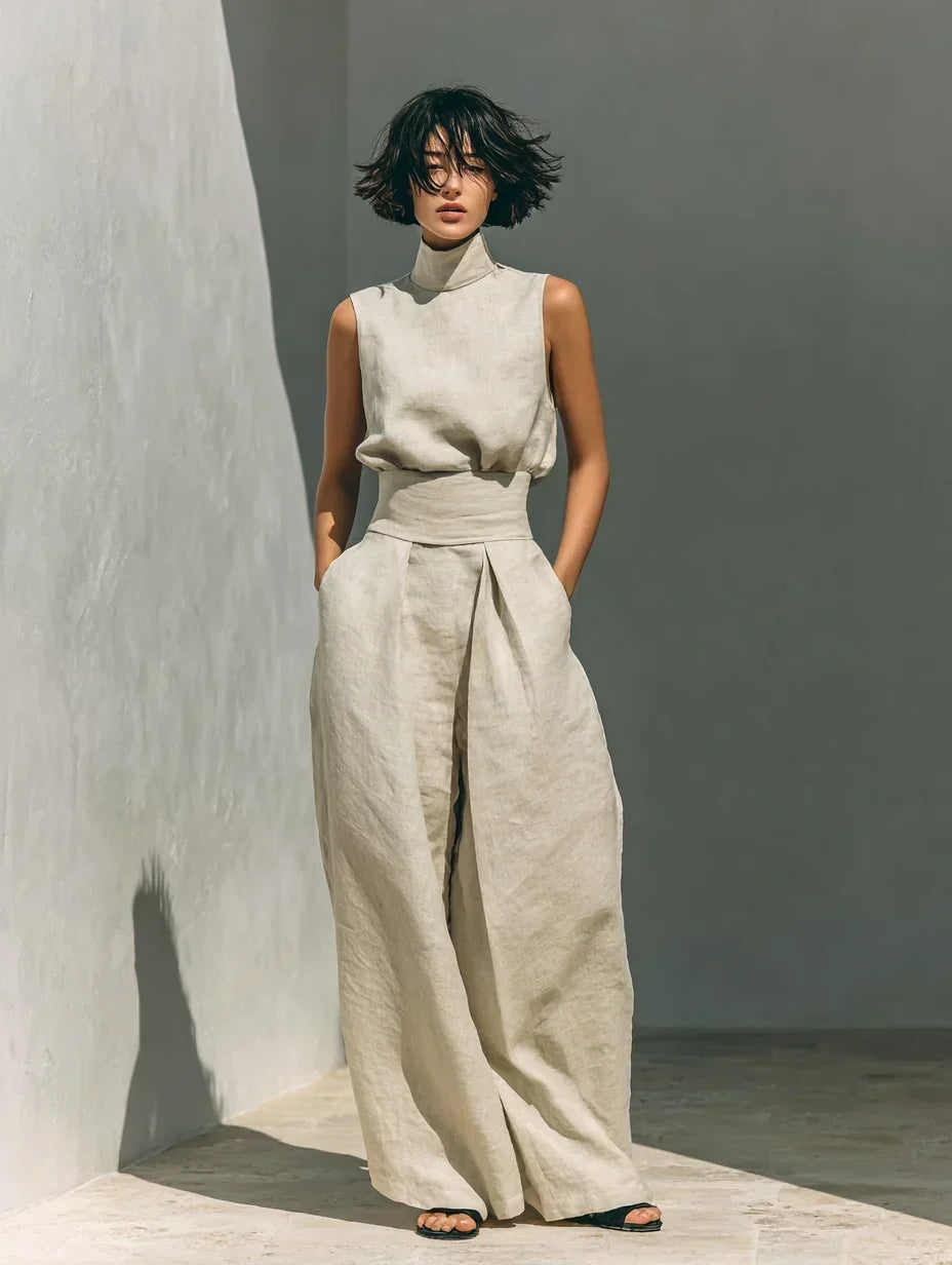 Joana elegant set in khaki, full-length front view