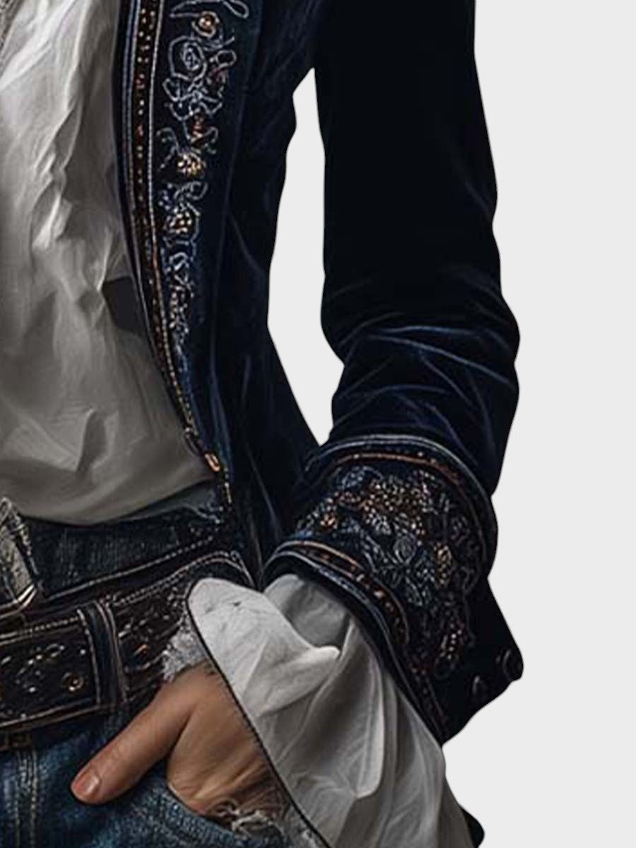 Nurie velvet blazer in navy blue, sleeve and cuff detail view