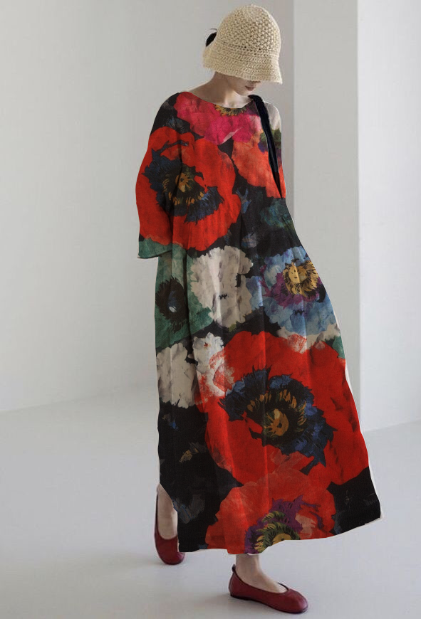 Georgiana long floral summer dress in red, full-length front view with straw hat