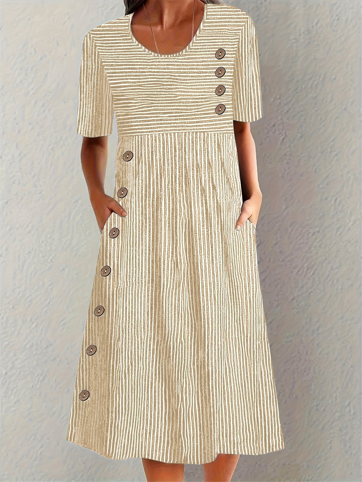 Sofia striped summer dress in beige and white, front view with pockets