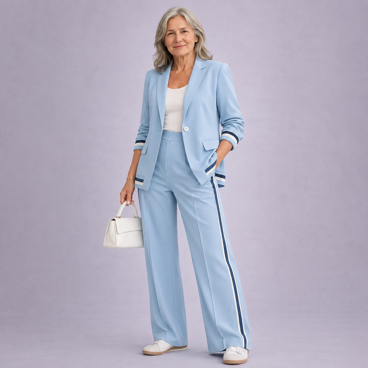 Hyacinth casual suit set in light blue, full-length front view with striped blazer
