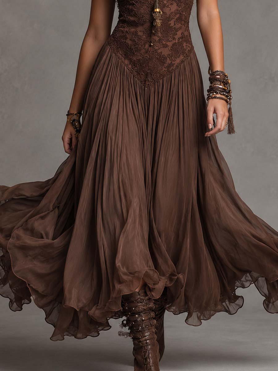 Federica brown dress detail of pleated chiffon skirt and ruffled hem