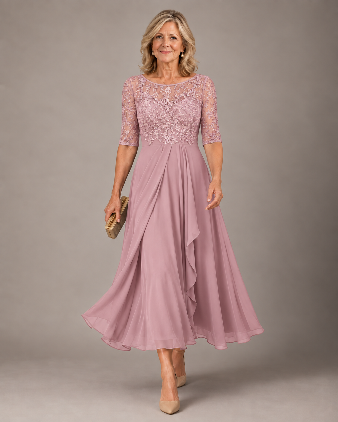 Rose lace midi dress in pink, full-length front view
