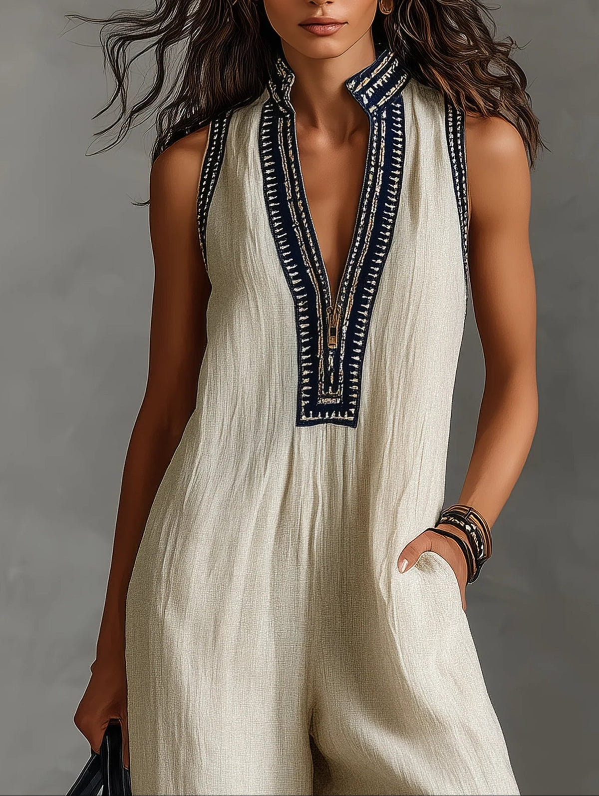 Close-up of the navy embroidered collar and V placket on the Lila jumpsuit