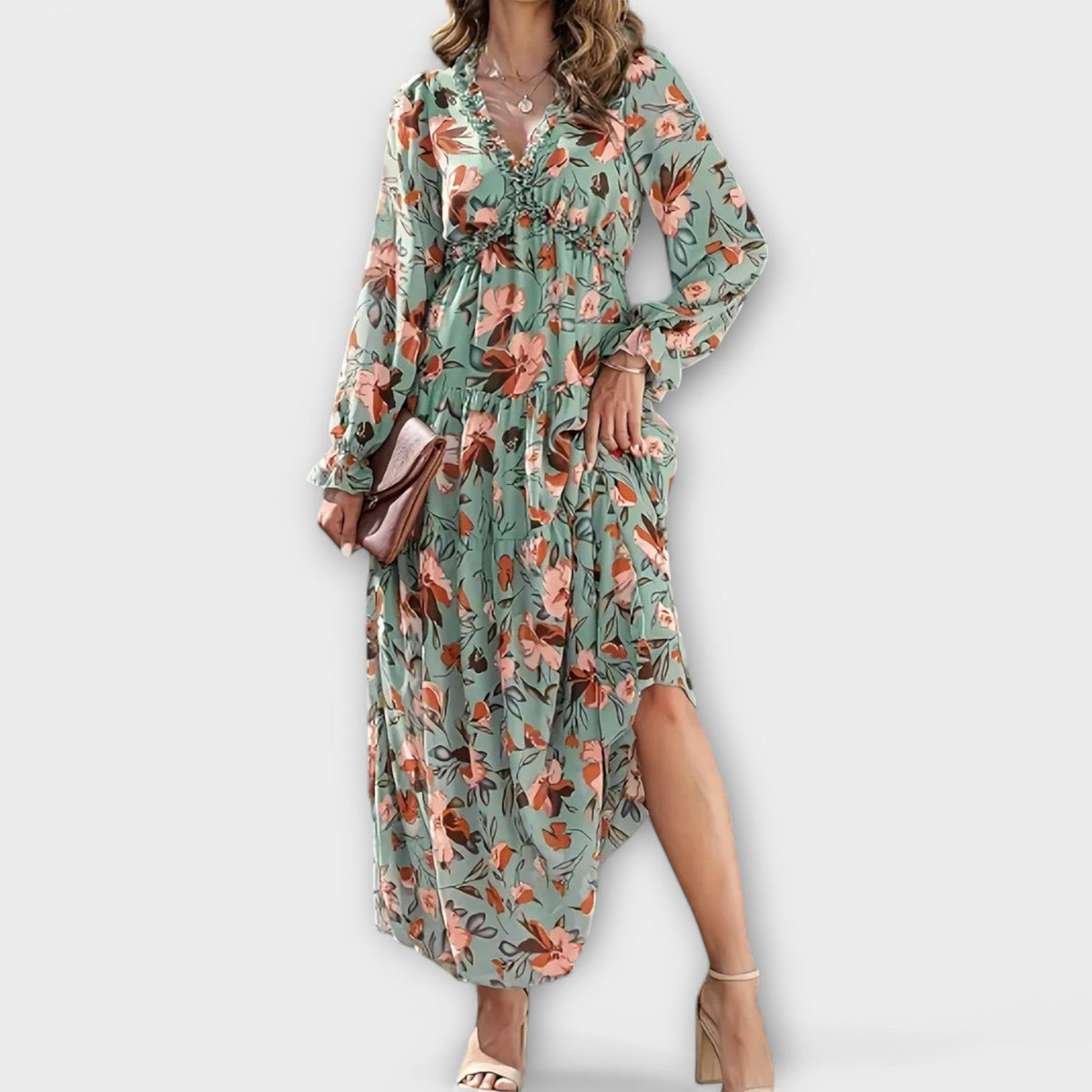 Maya floral V-neck maxi dress in green, front view with front opening
