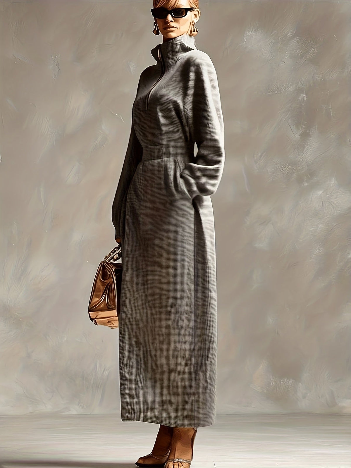 Stella Ertois maxi dress in grey, side view with heels
