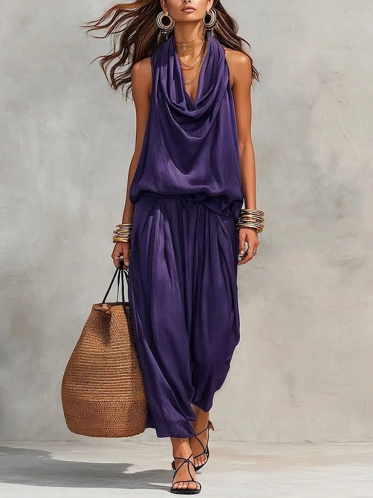Demetria draped two-piece set in purple, front view