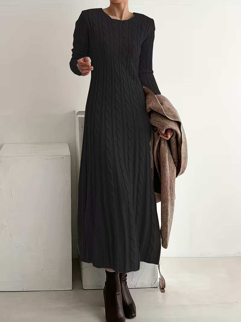 Samara elegant long cable-knit dress in black, full-length front view