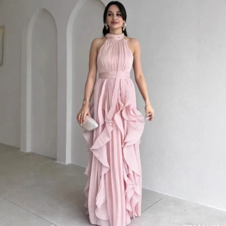 Orea high neck ruffle maxi dress in light pink, full-length front view