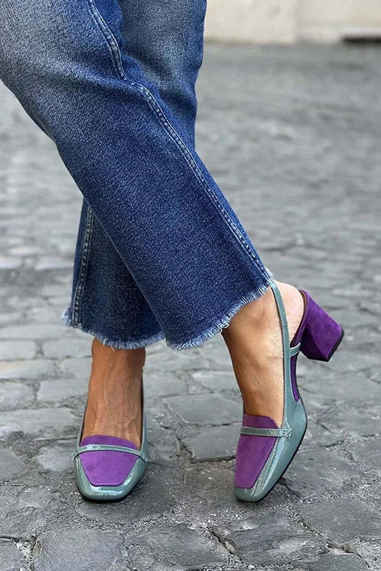 Square-toe patchwork slingback block heels in purple and khaki, worn with cropped jeans