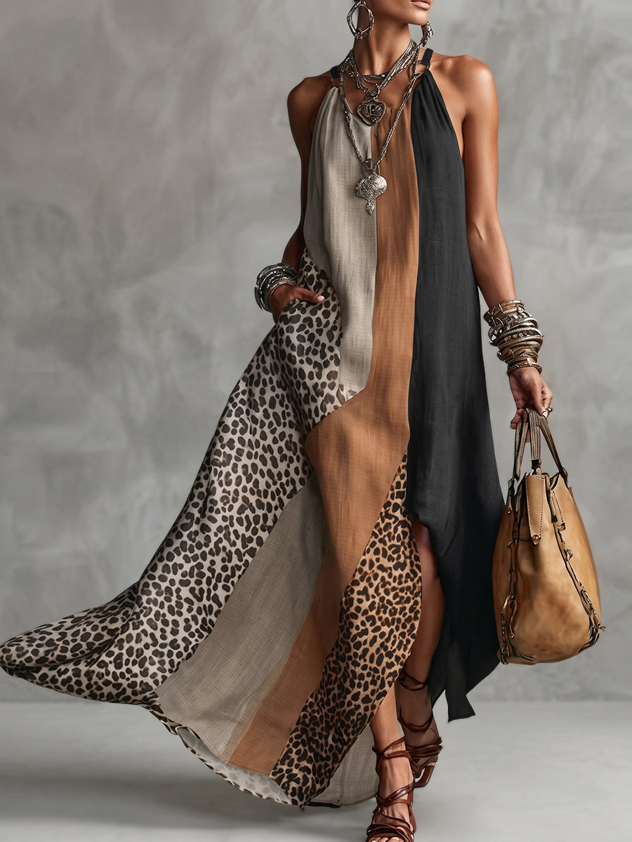 Myrna leopard halter maxi dress in sand and black, full-length front view