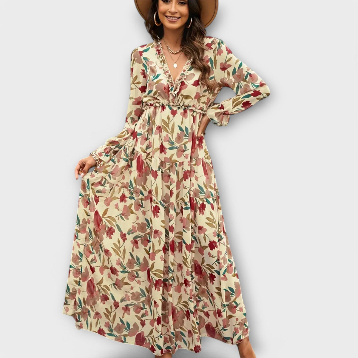 Maya floral V-neck maxi dress in cream floral, full-length front view