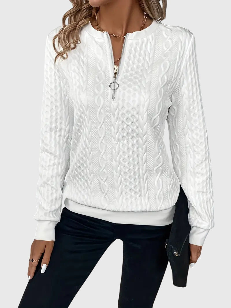 Nora textured zip sweater in white, front view styled with dark jeans