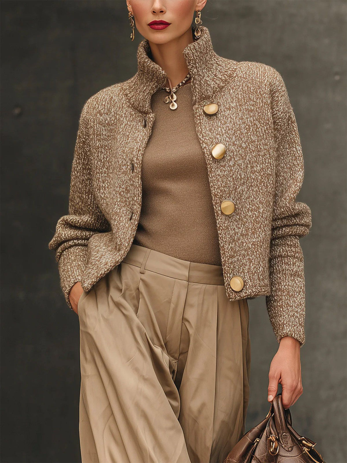 Josephina textured knit jacket in beige marl with gold buttons, front view
