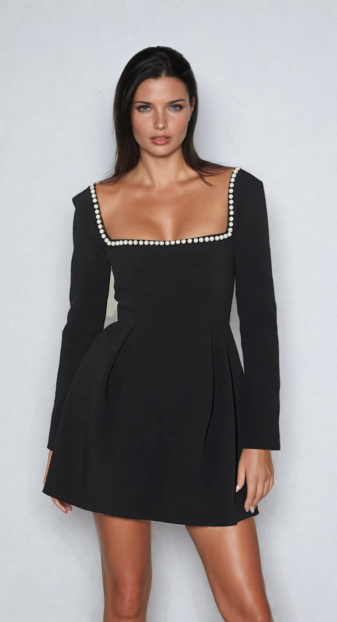 Elliott pearl dress in black, full-length studio front view