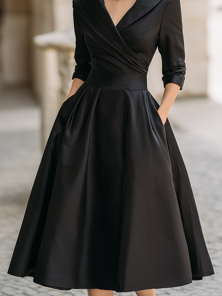 May midi dress waistband, pleated skirt and side pocket detail in black
