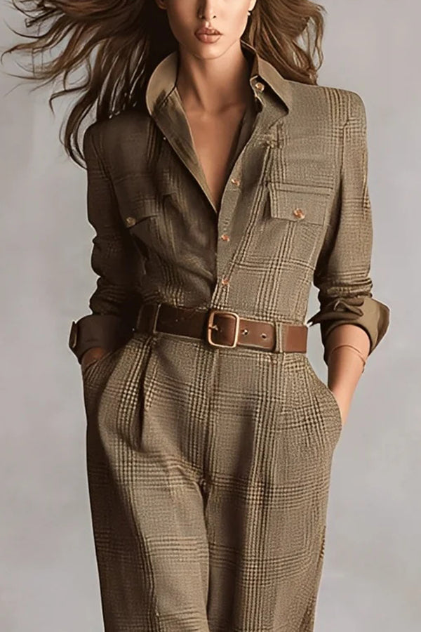 Aubrette jumpsuit in brown, close-up of collar, buttons and chest pockets