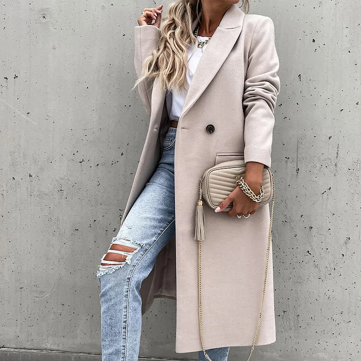 Evelyn classic lapel coat in beige, full-length front view