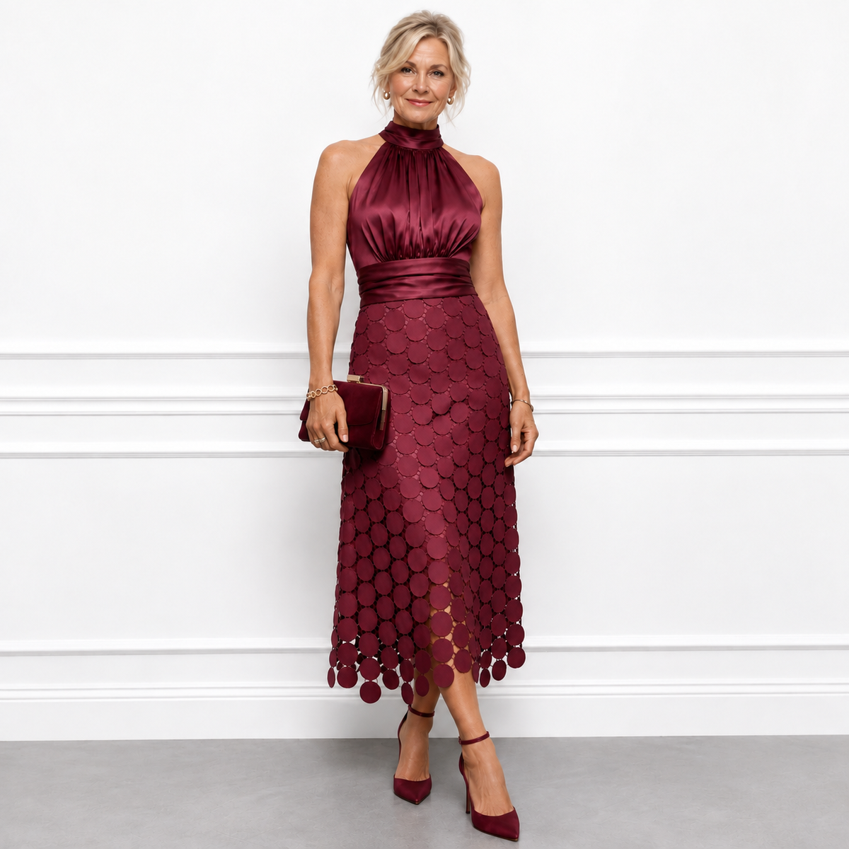 Irène midi dress in burgundy, full-length front view