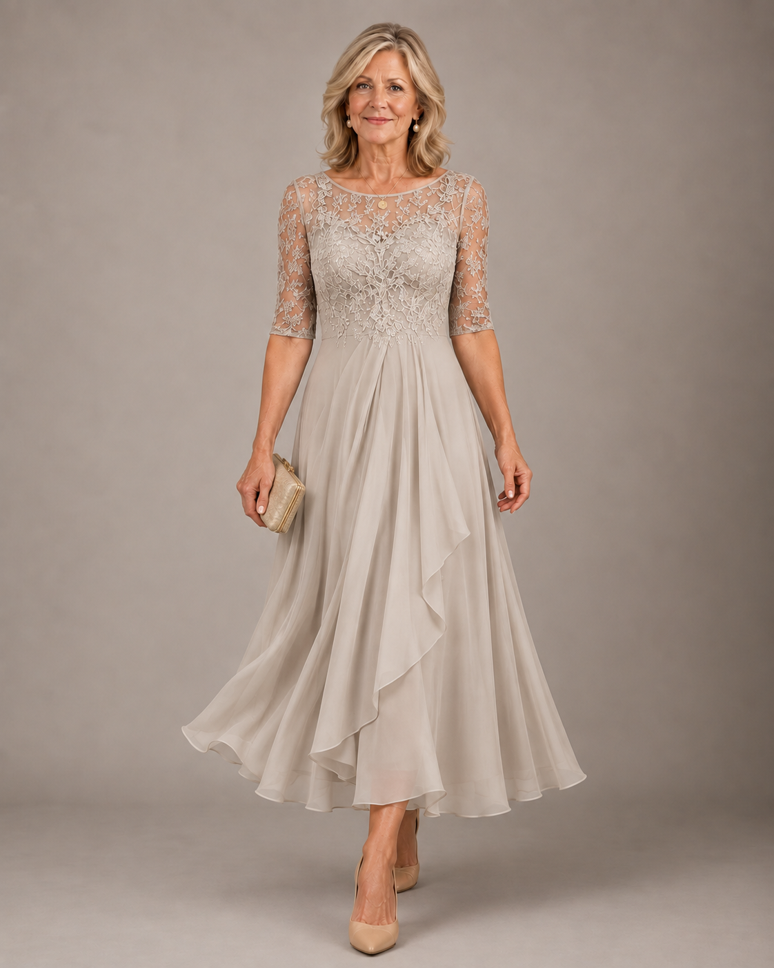 Rose lace midi dress in white, full-length front view