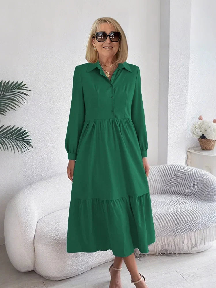 Sophia ruffle shirt dress in green, full-length front view