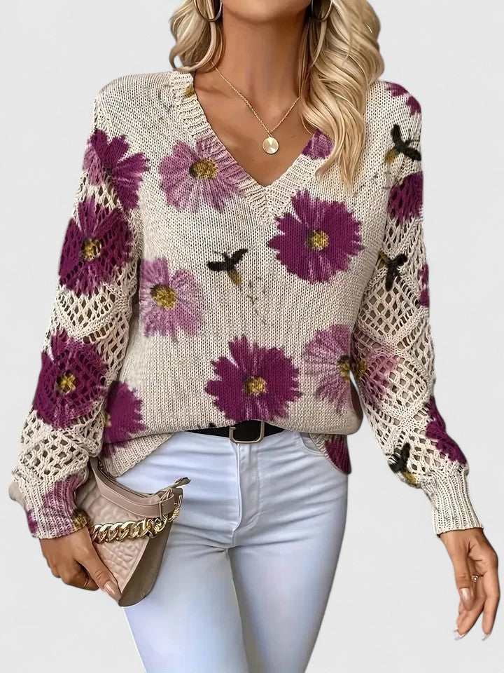 Tahlia floral sweater in cream with purple blooms, front view