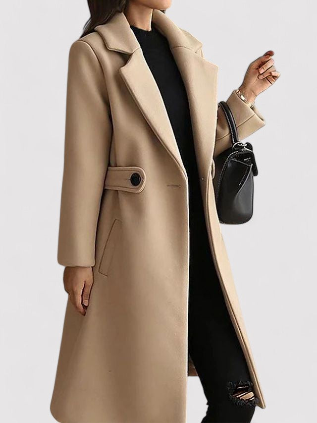 Noelle belted coat in camel, open front side view