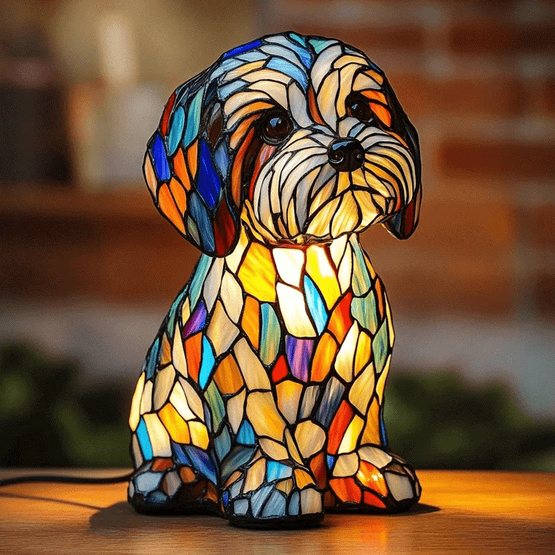 Glowing puppy lamp in multicoloured stained-glass effect resin, lit on a wooden table