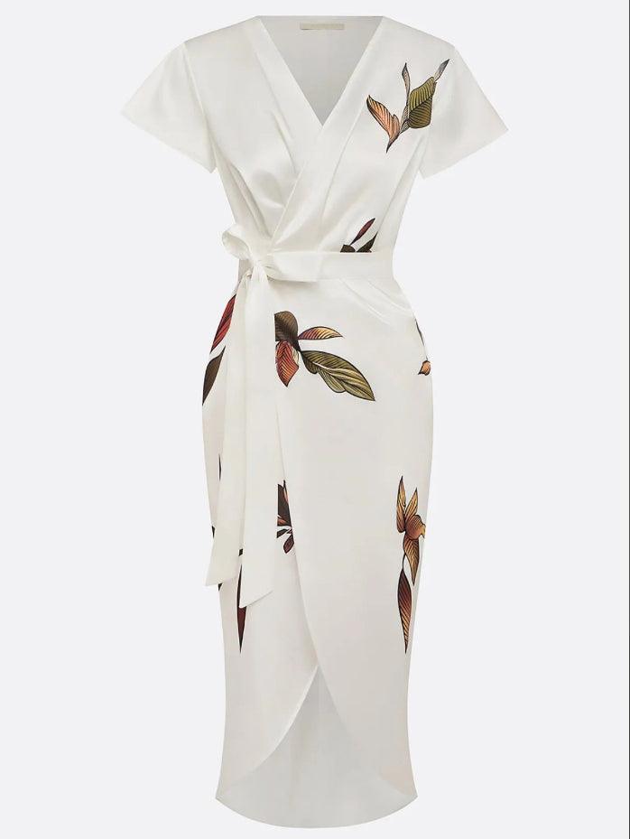 Melody wrap-style midi dress in white, front view without model