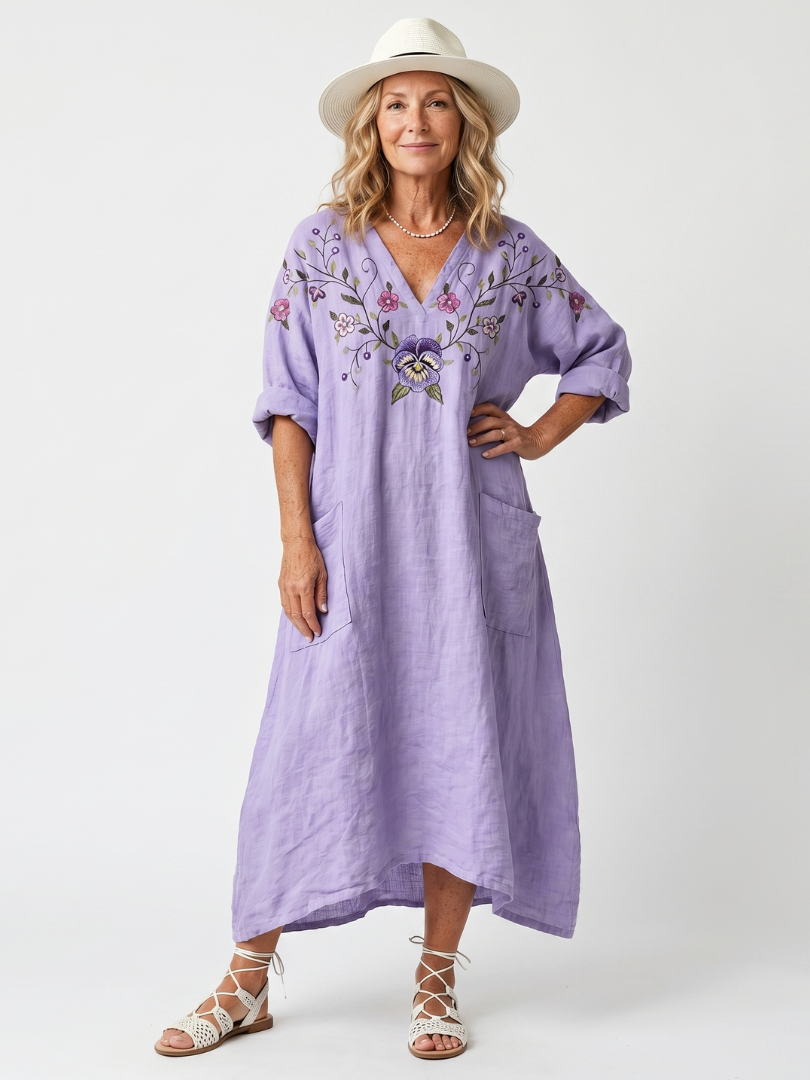 Tavi floral embroidered midi dress in lilac, full-length front view