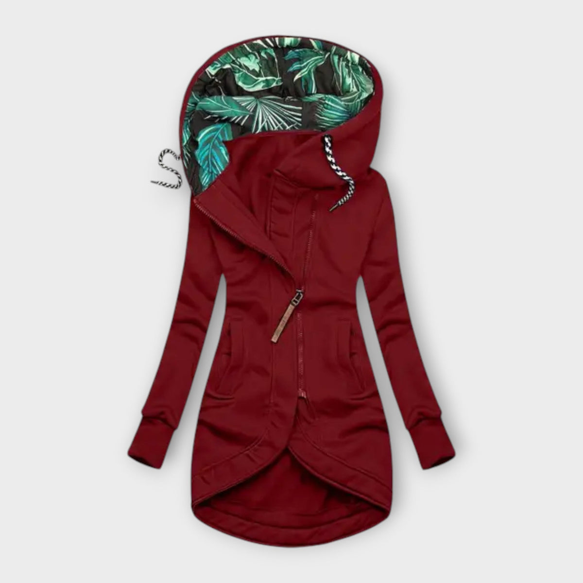 Minnie water-repellent hooded jacket in red, front view with curved hem