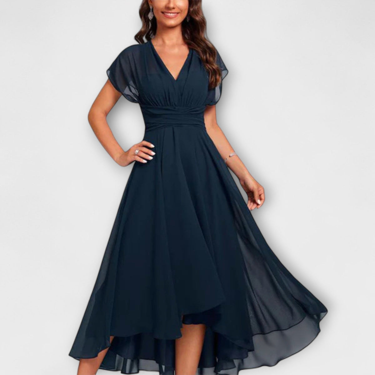 Ismey elegant flowing dress in navy blue, front view with flutter sleeves