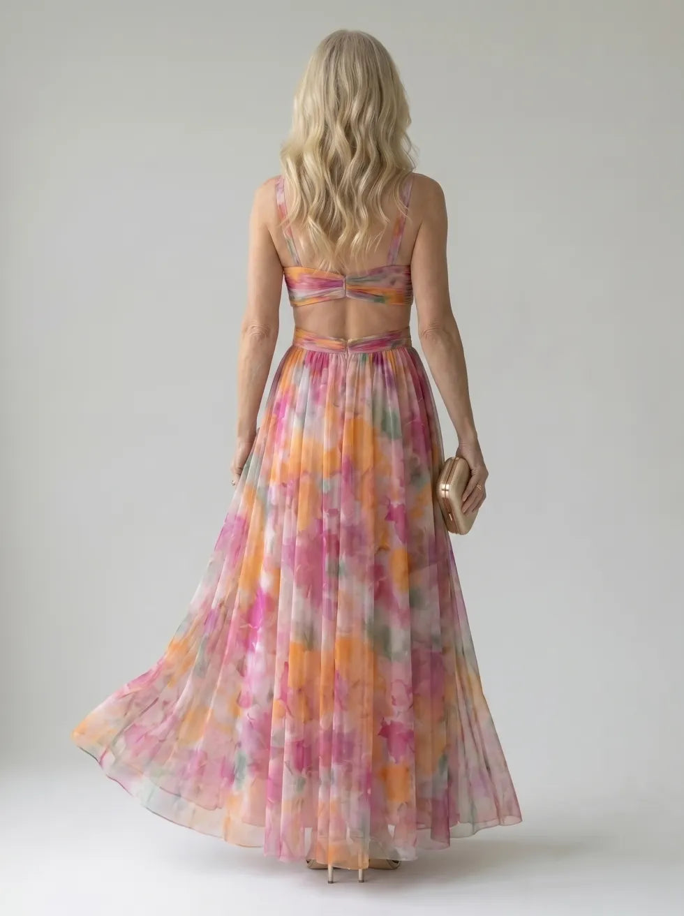 Isel soft wrap maxi dress in pink multicolour, back view