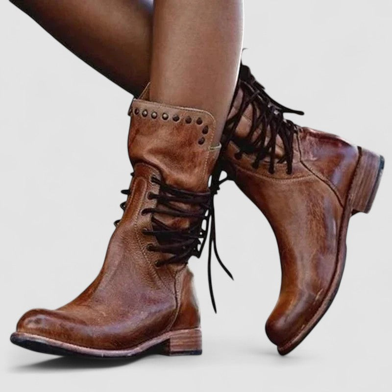 Rachel vintage lace-up ankle boots in brown, worn side view